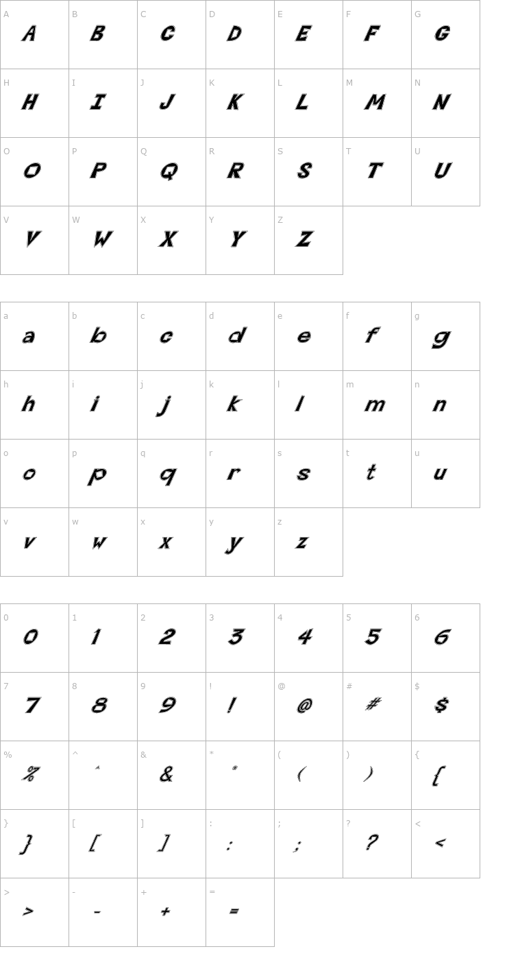 Character Map FZ JAZZY 7 CONTOUR ITALIC Font