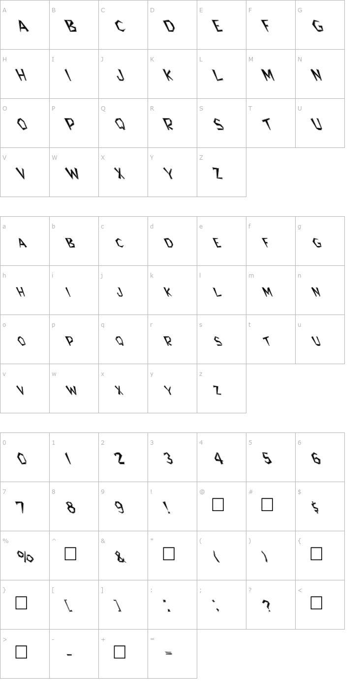 Character Map FZ JAZZY 8 CONTOUR LEFTY Font