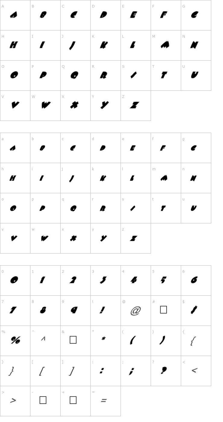 Character Map FZ JAZZY 9 CONTOUR ITALIC Font