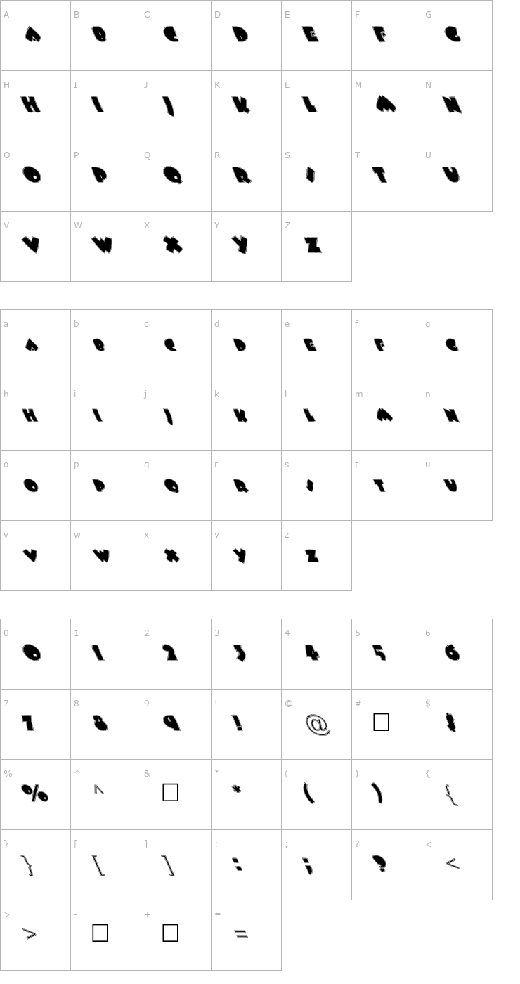 Character Map FZ JAZZY 9 CONTOUR LEFTY Font