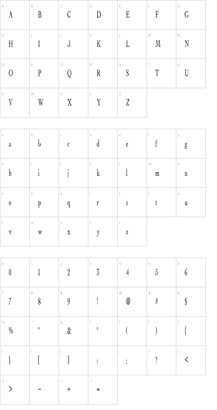 Character Map FZ ROMAN 15 COND Font