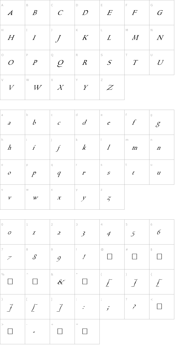 Character Map FZ ROMAN 17 ITALIC Font