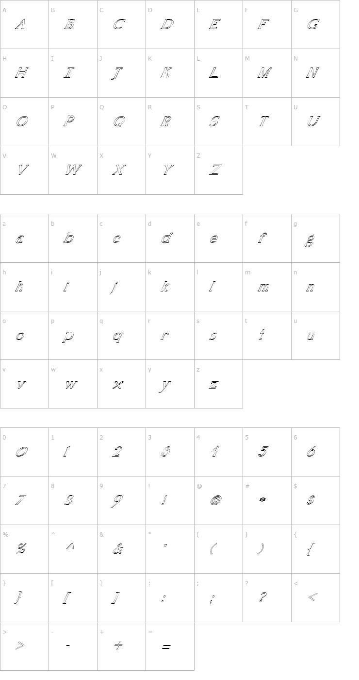 Character Map FZ ROMAN 18 HOLLOW ITALIC Font