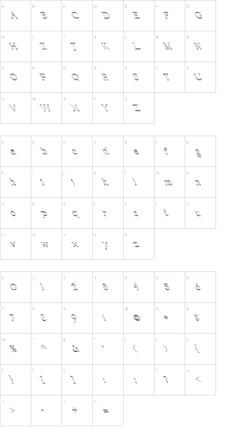 Character Map FZ ROMAN 18 HOLLOW LEFTY Font