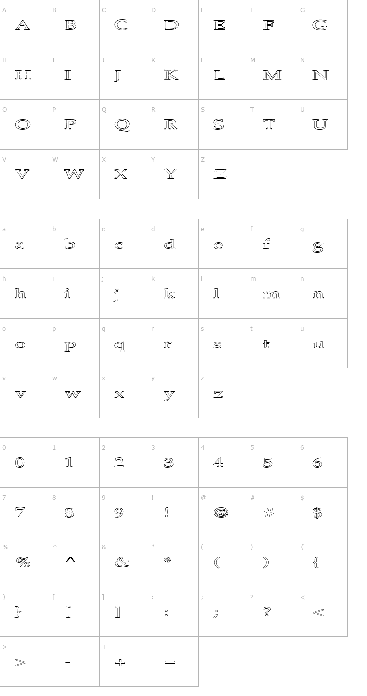 Character Map FZ ROMAN 21 HOLLOW EX Font