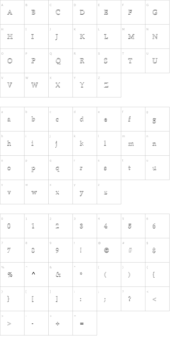 Character Map FZ ROMAN 21 HOLLOW Font