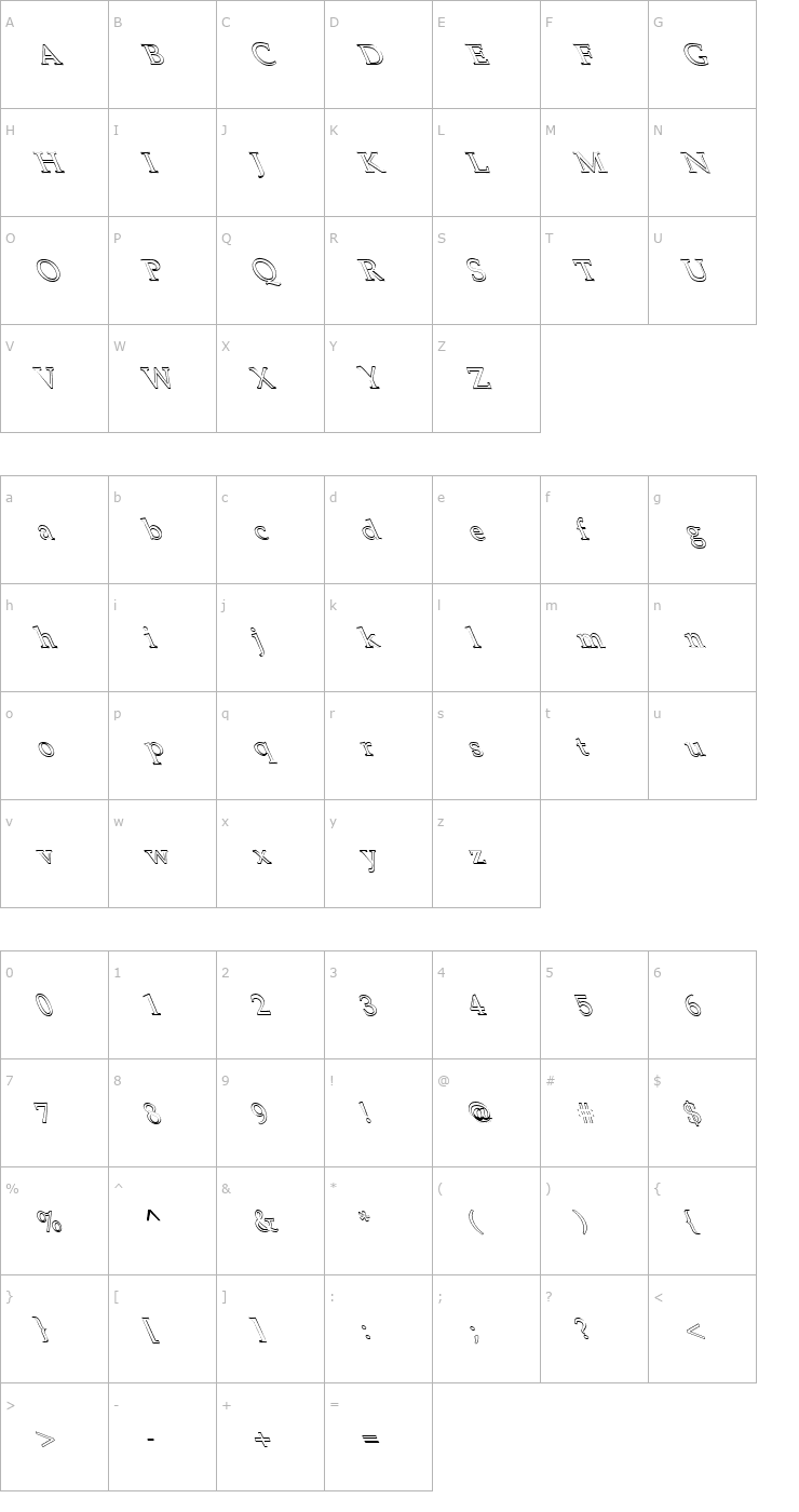 Character Map FZ ROMAN 21 HOLLOW LEFTY Font