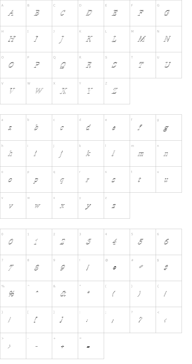Character Map FZ ROMAN 23 HOLLOW ITALIC Font
