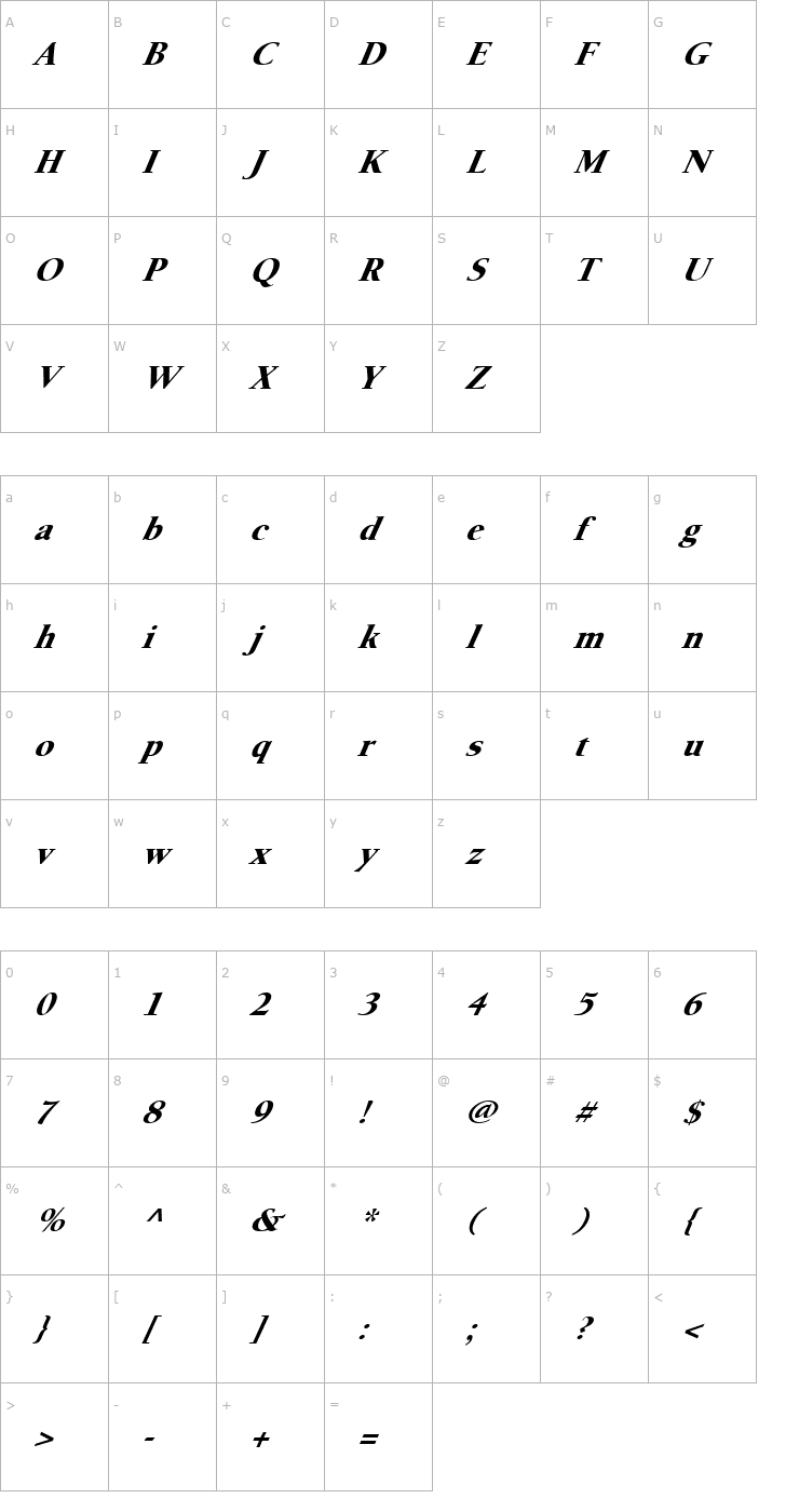 Character Map FZ ROMAN 24 ITALIC Font