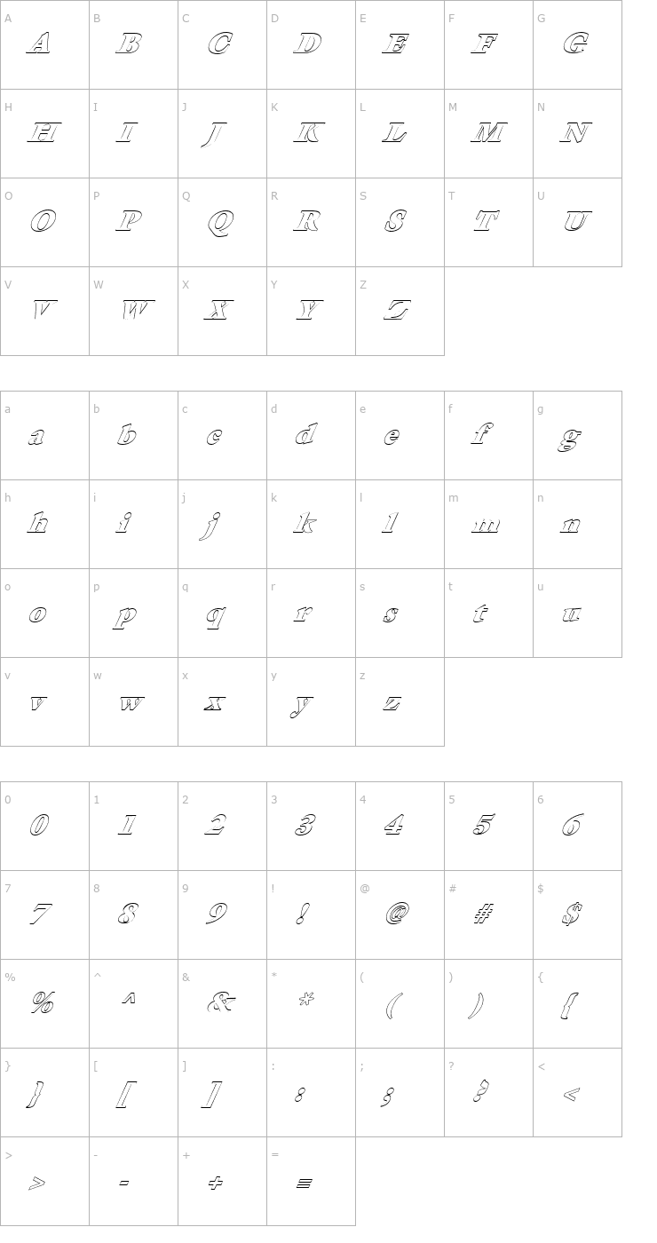 Character Map FZ ROMAN 26 HOLLOW ITALIC Font