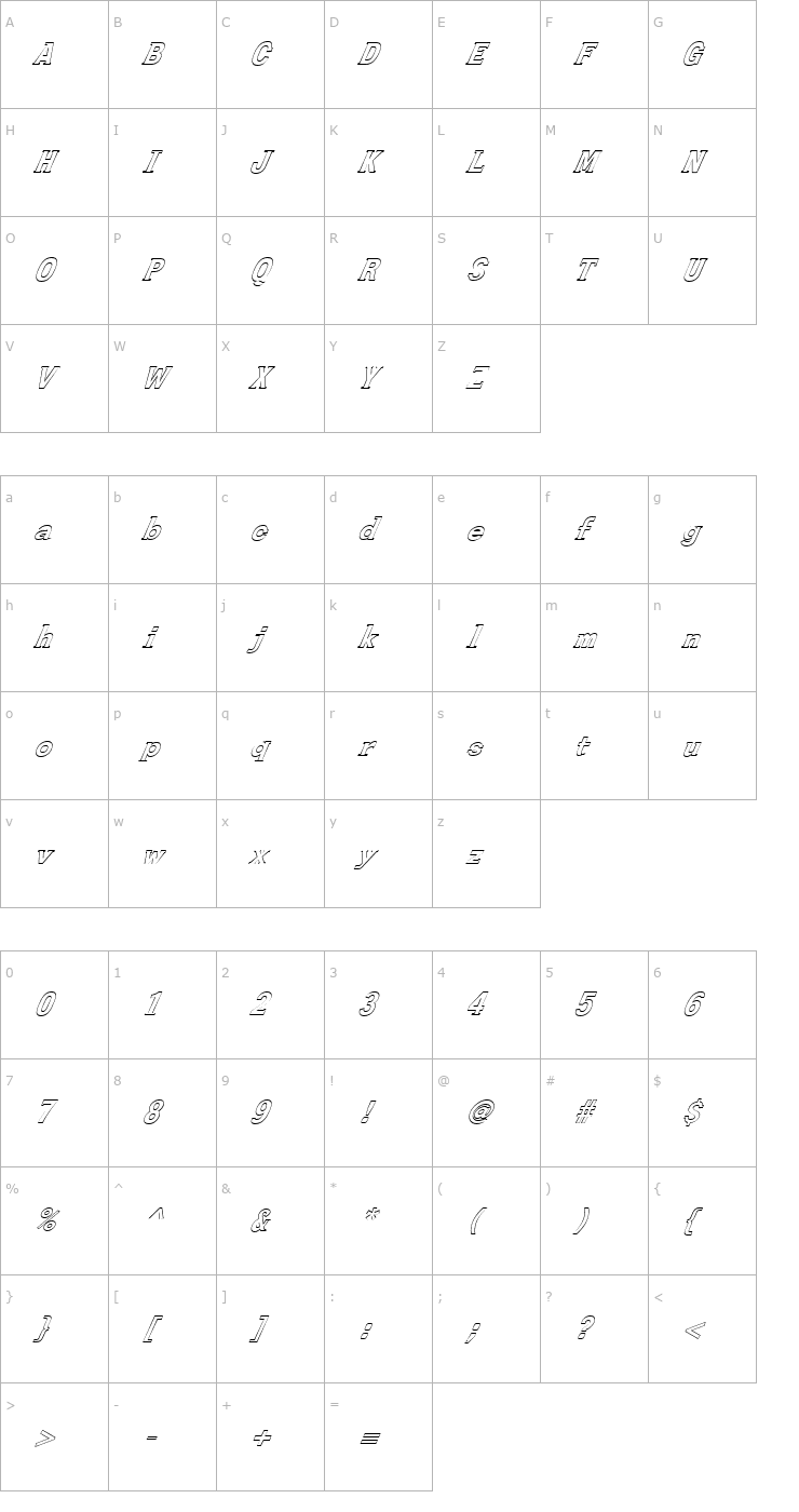 Character Map FZ ROMAN 27 HOLLOW ITALIC Font