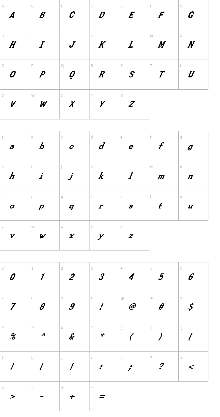 Character Map FZ ROMAN 27 ITALIC Font