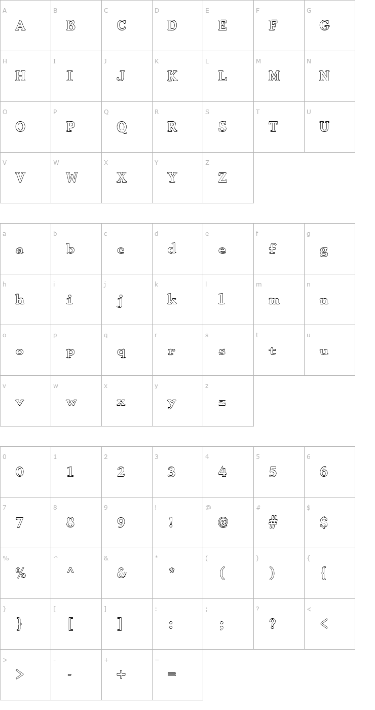 Character Map FZ ROMAN 29 HOLLOW Font