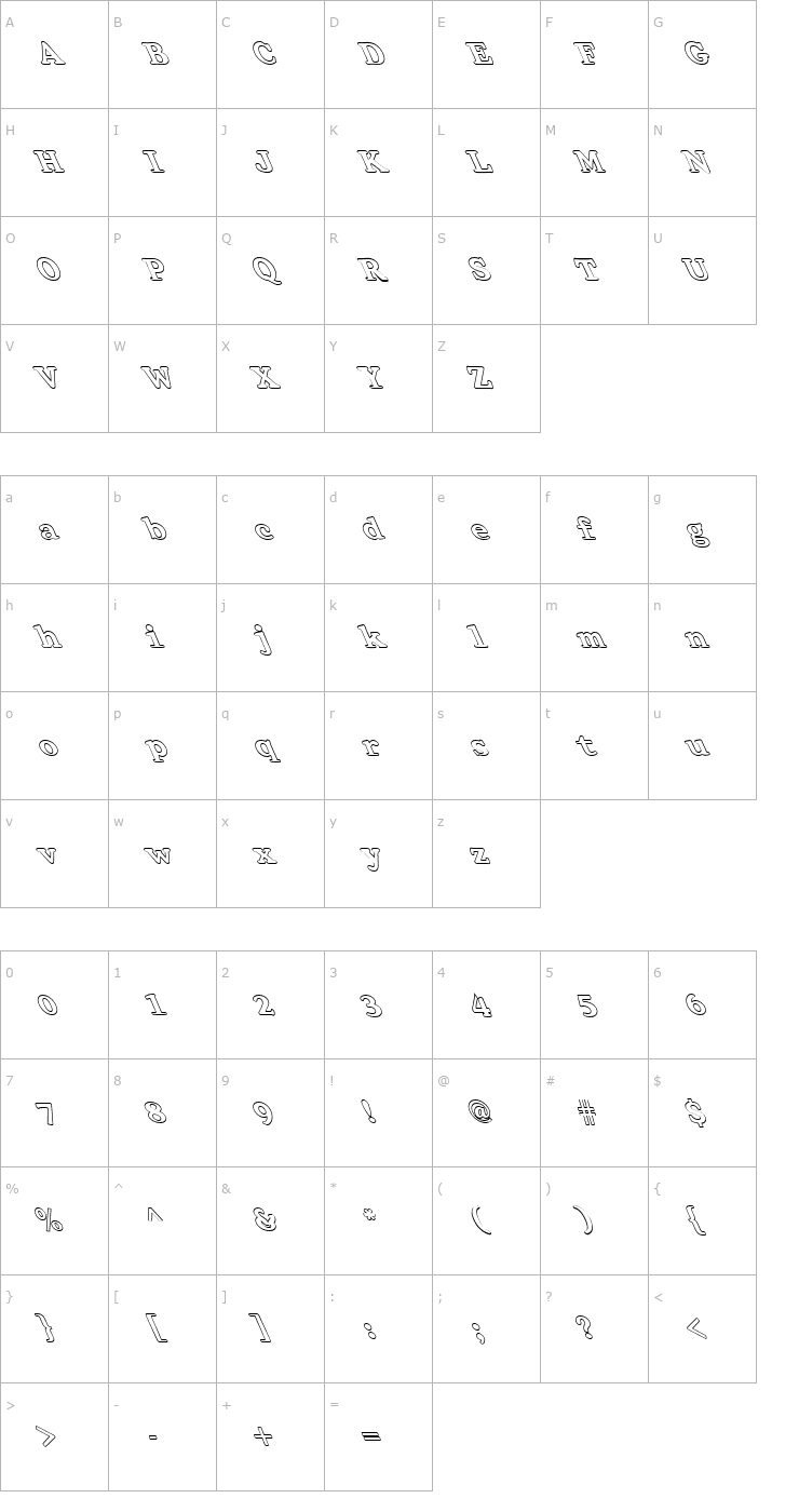 Character Map FZ ROMAN 32 HOLLOW LEFTY Font