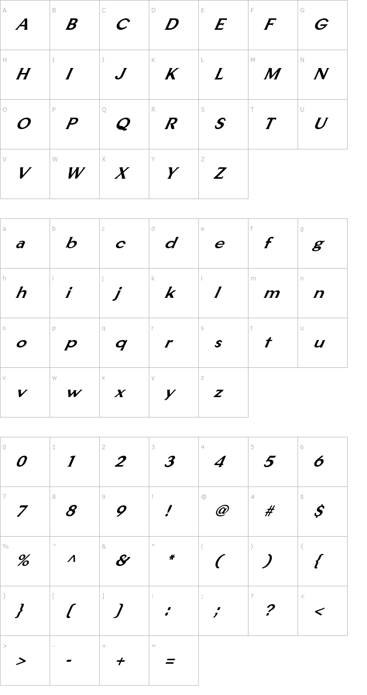 Character Map FZ ROMAN 33 ITALIC Font
