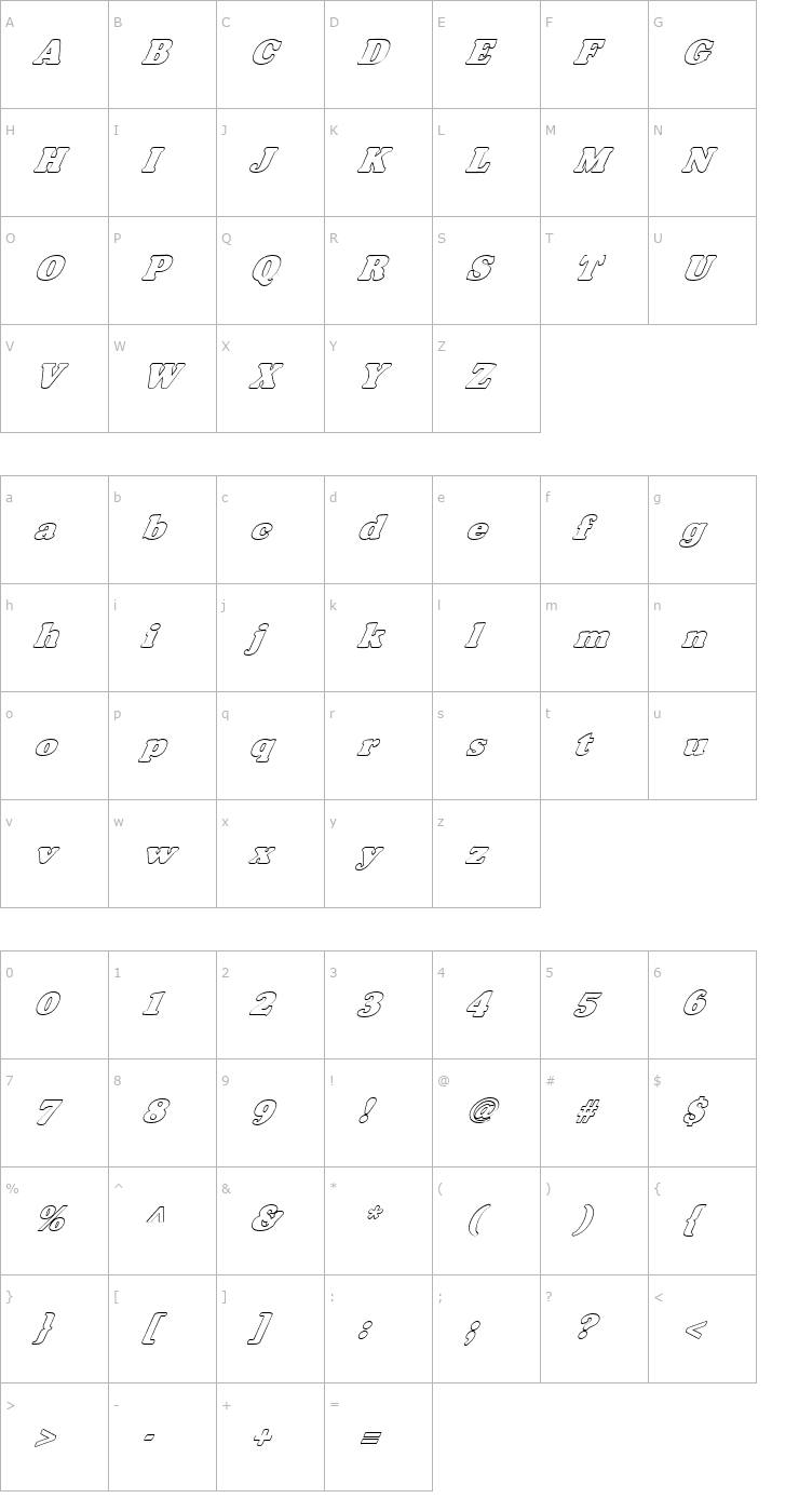Character Map FZ ROMAN 35 HOLLOW ITALIC Font