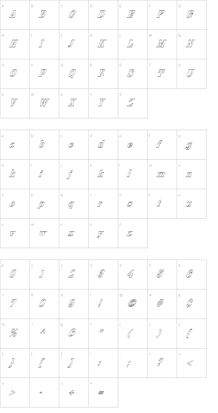 Character Map FZ ROMAN 36 HOLLOW ITALIC Font