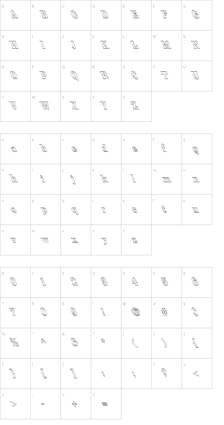 Character Map FZ ROMAN 36 HOLLOW LEFTY Font