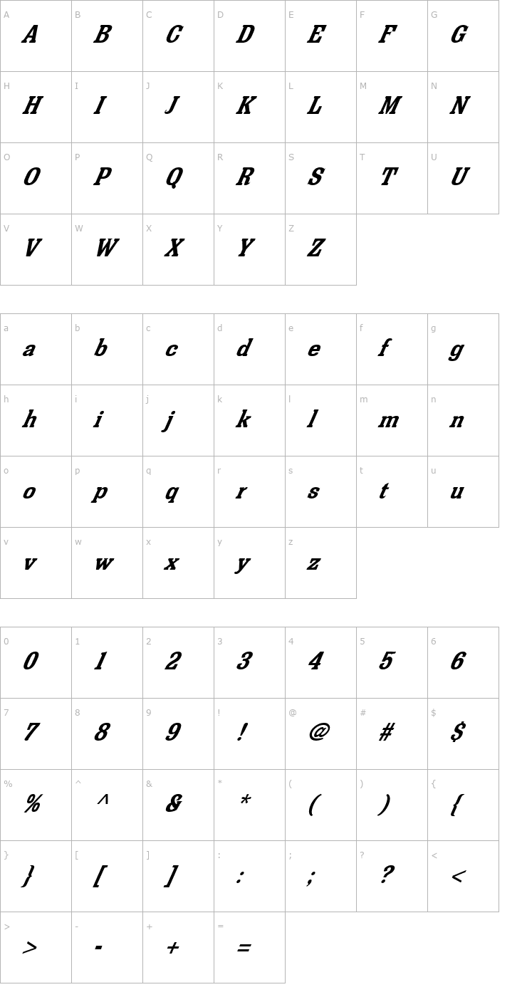 Character Map FZ ROMAN 36 ITALIC Font