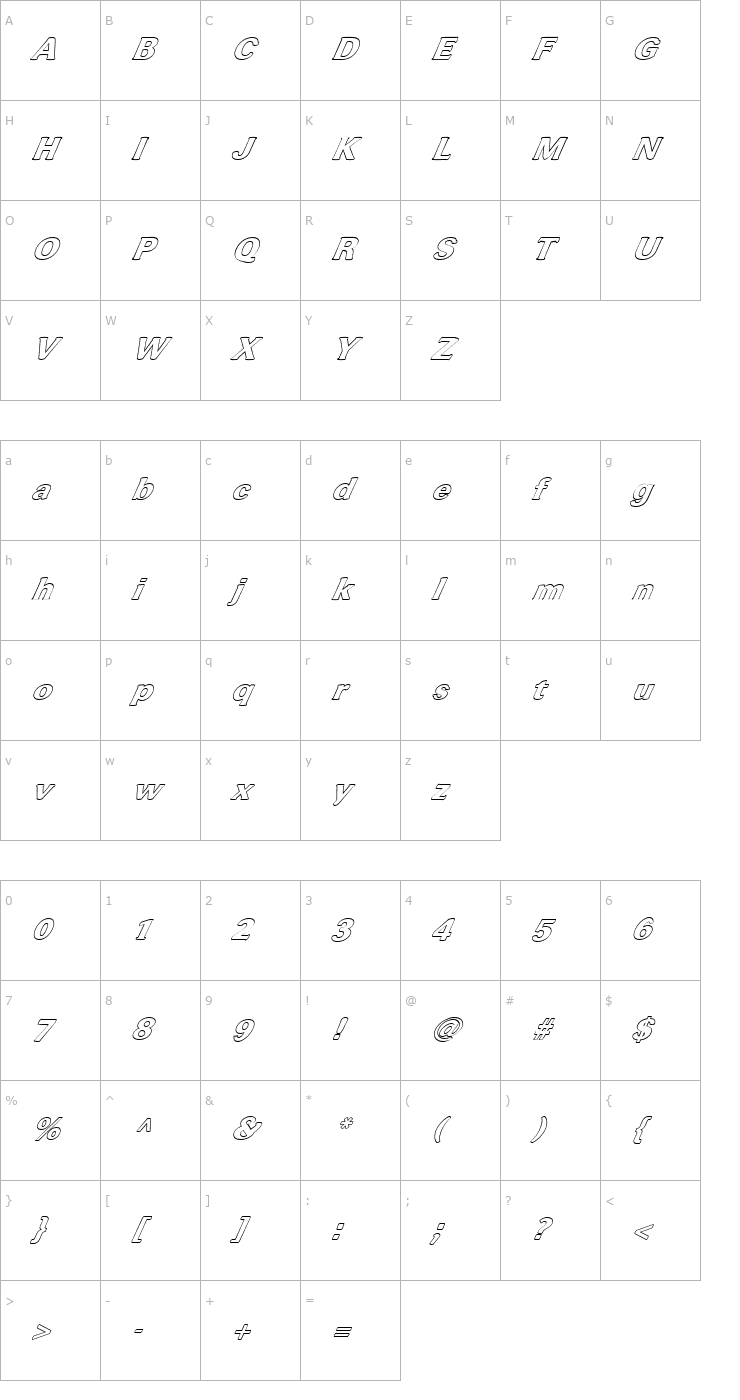 Character Map FZ ROMAN 37 HOLLOW ITALIC Font