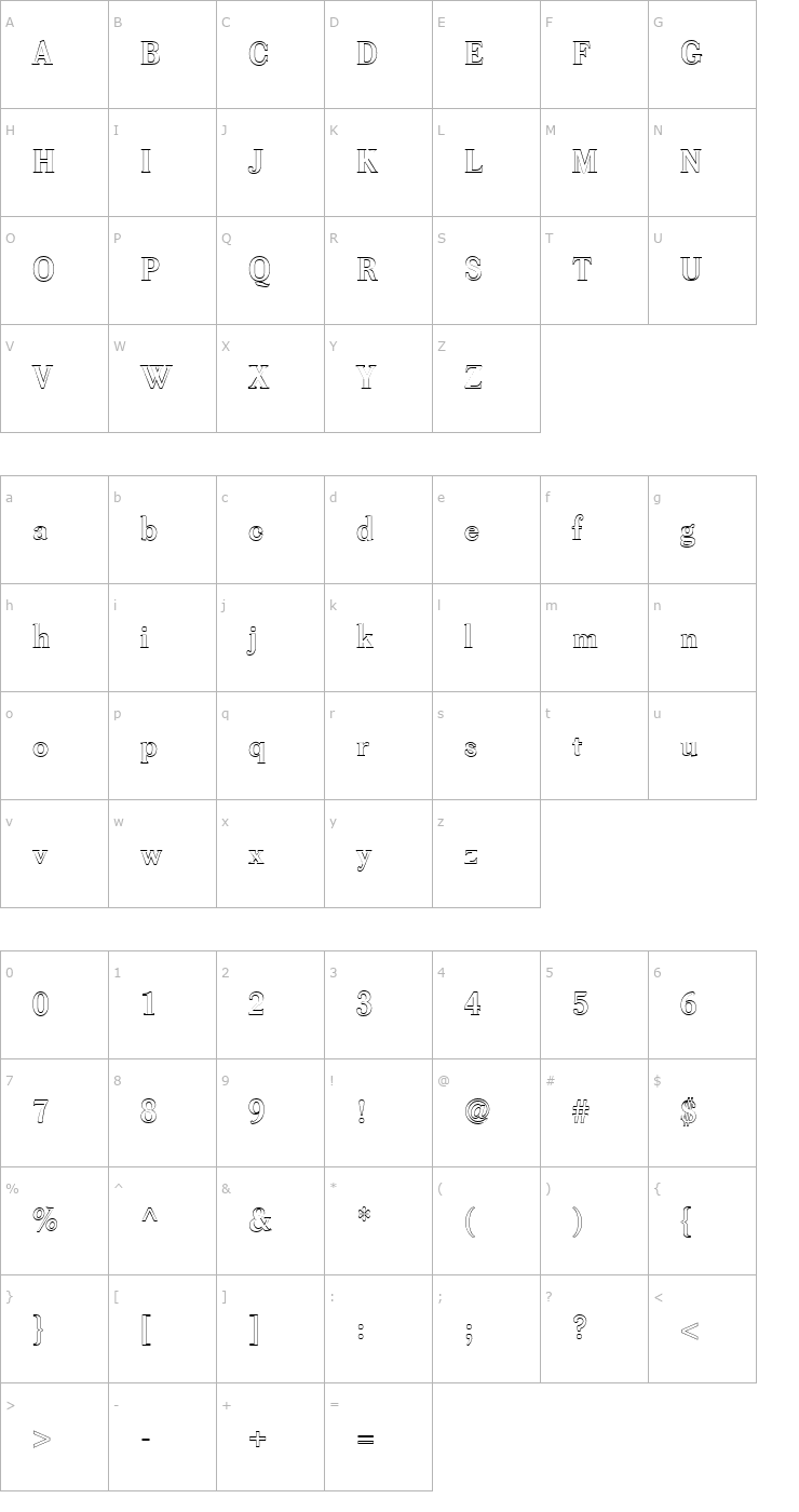 Character Map FZ ROMAN 39 HOLLOW Font