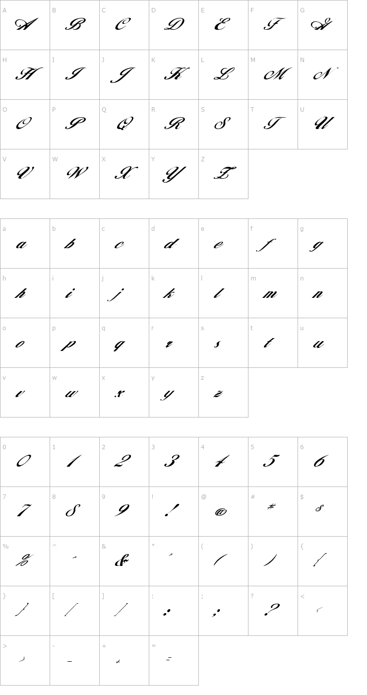 Character Map FZ SCRIPT 12 ITALIC Font