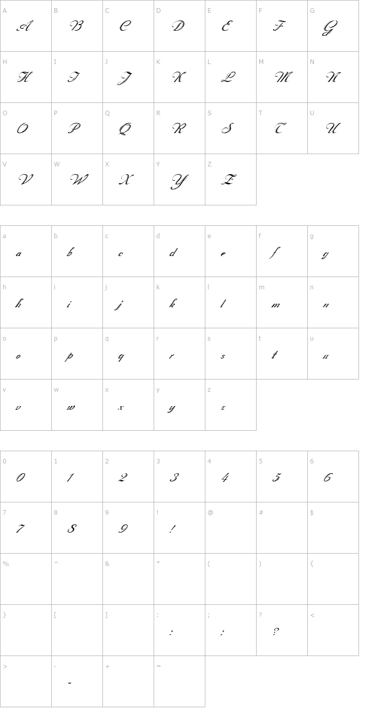 Character Map FZ SCRIPT 18 ITALIC Font