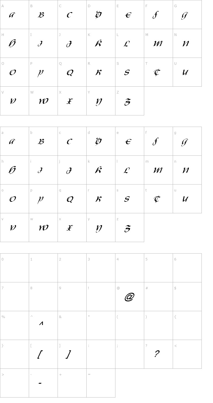 Character Map FZ SCRIPT 19 ITALIC Font