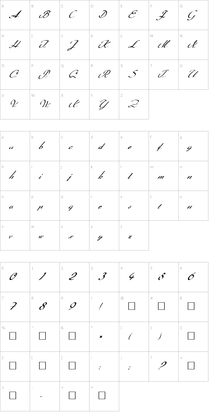 Character Map FZ SCRIPT 20 ITALIC Font