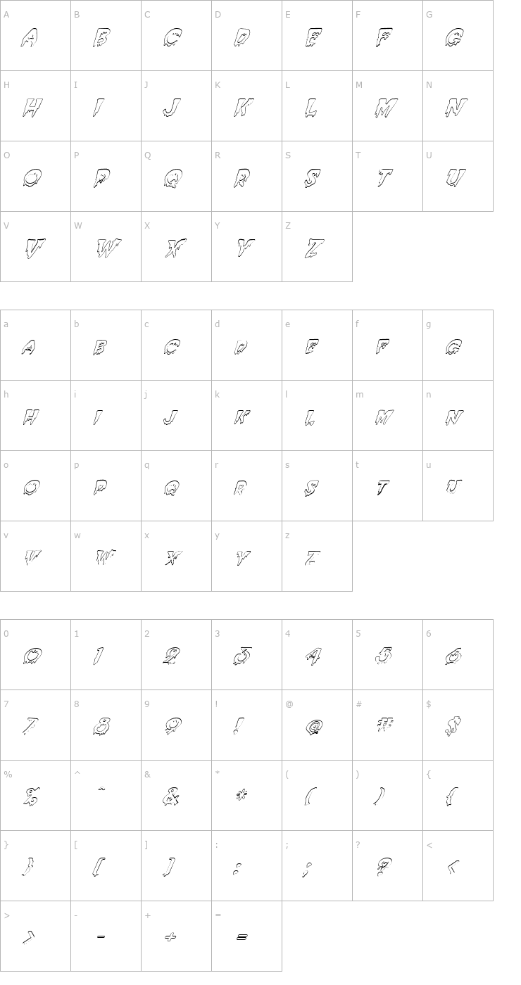 Character Map FZ UNIQUE 10 HOLLOW ITALIC Font