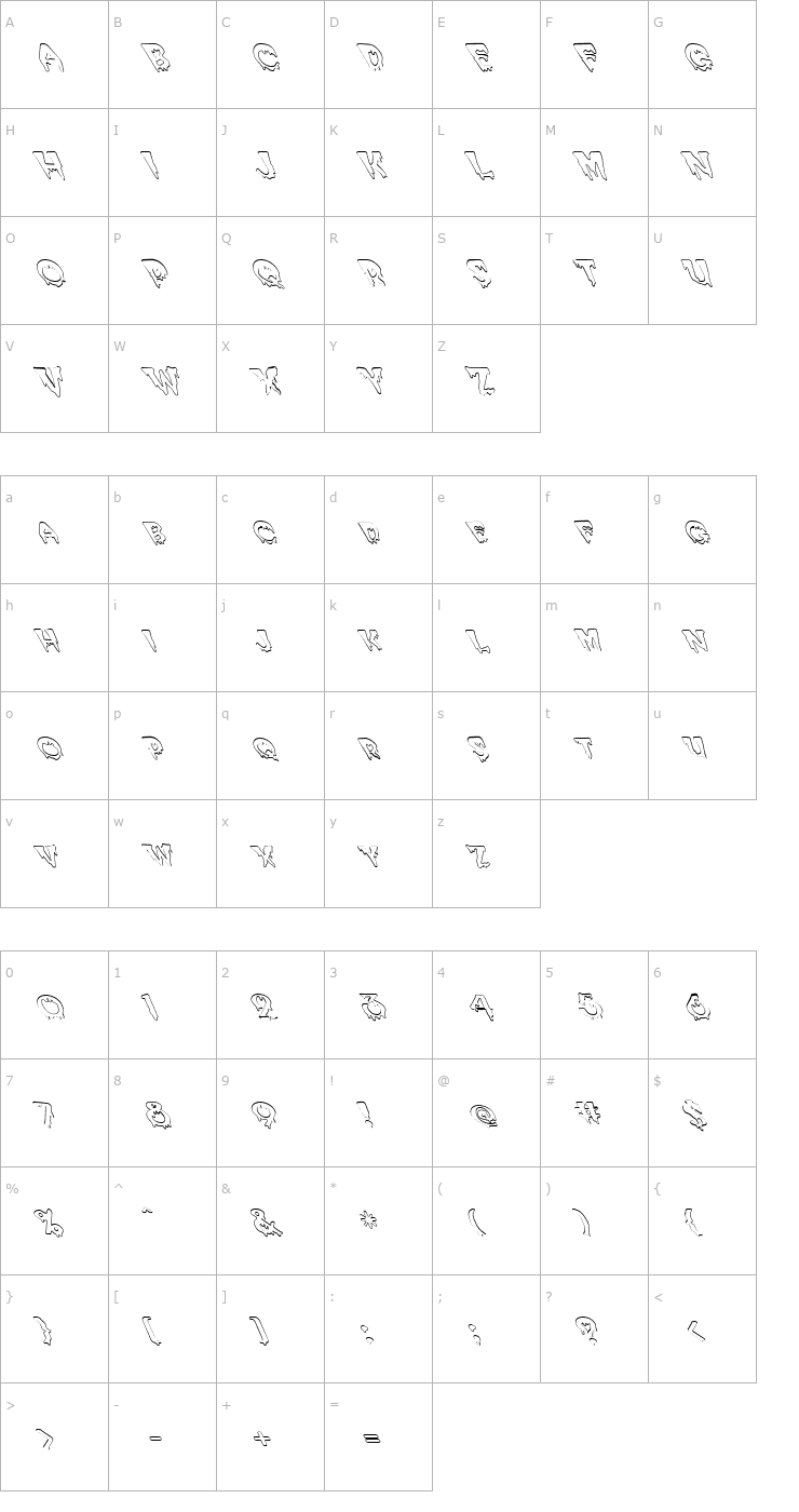 Character Map FZ UNIQUE 10 HOLLOW LEFTY Font