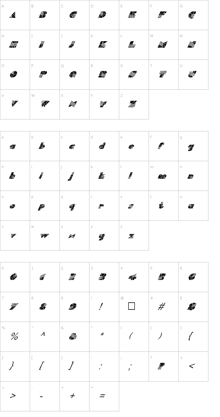 Character Map FZ UNIQUE 11 CRACKED ITALIC Font