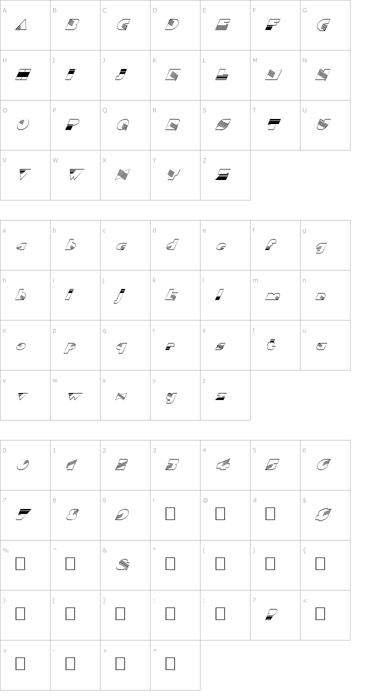 Character Map FZ UNIQUE 11 HOLLOW ITALIC Font