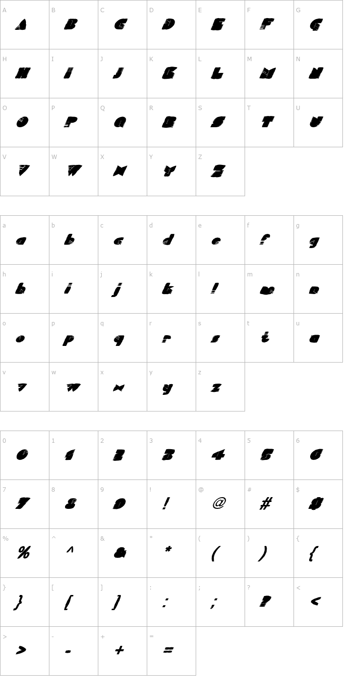 Character Map FZ UNIQUE 11 MANGLED ITALIC Font