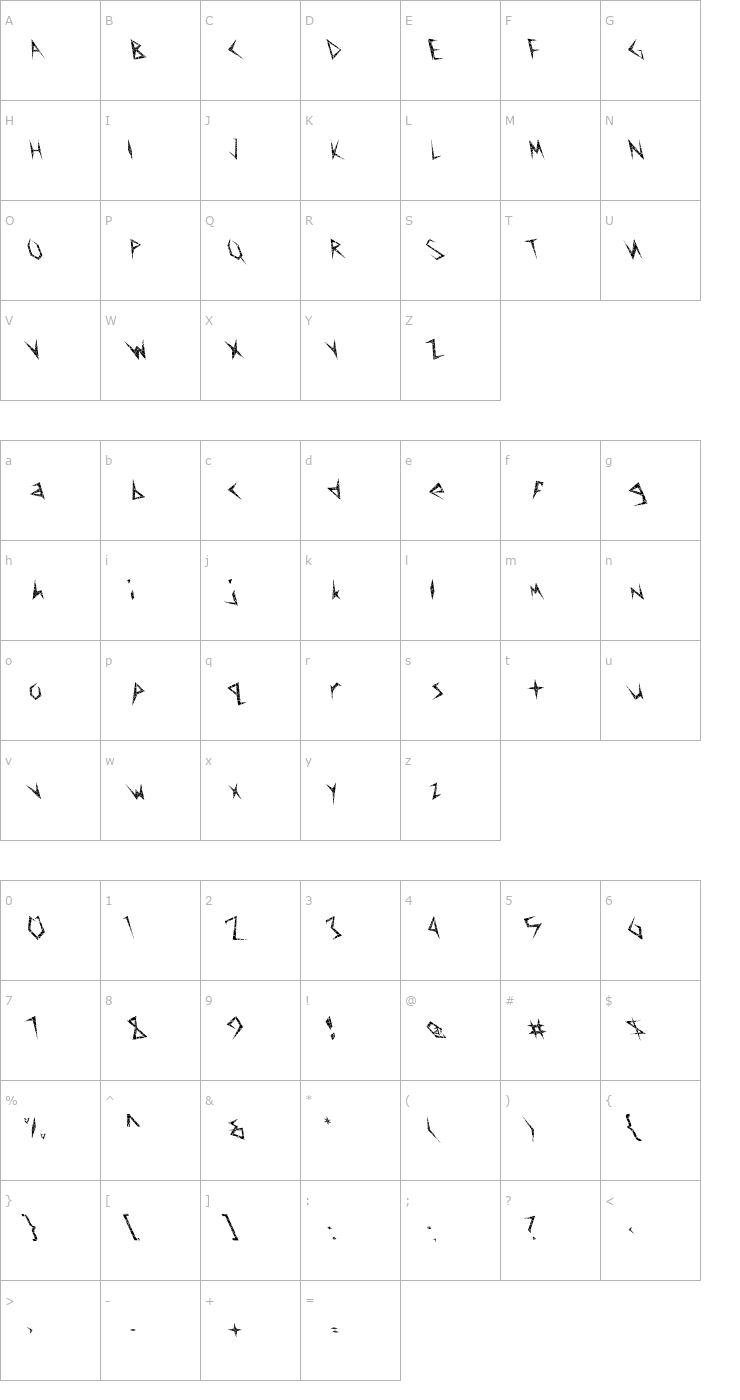 Character Map FZ UNIQUE 17 CRACKED LEFTY Font