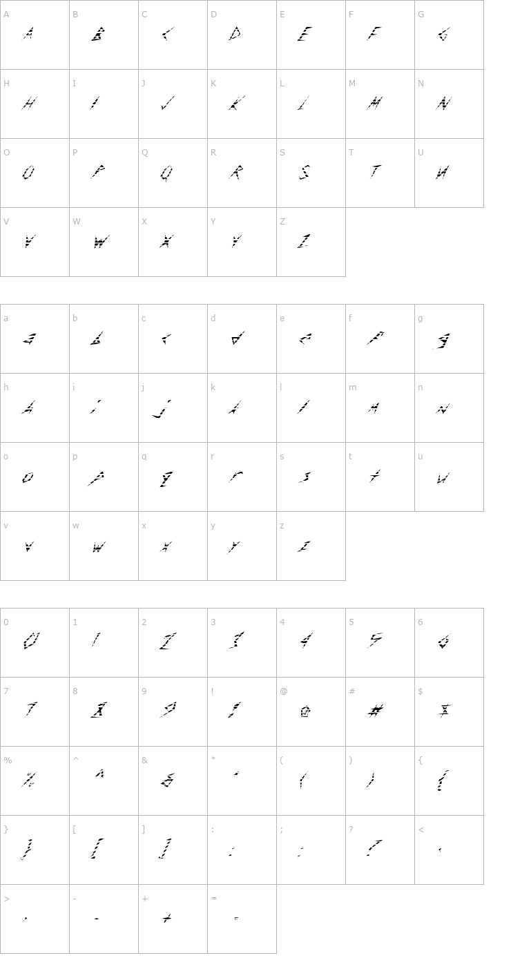 Character Map FZ UNIQUE 17 STRIPED ITALIC Font