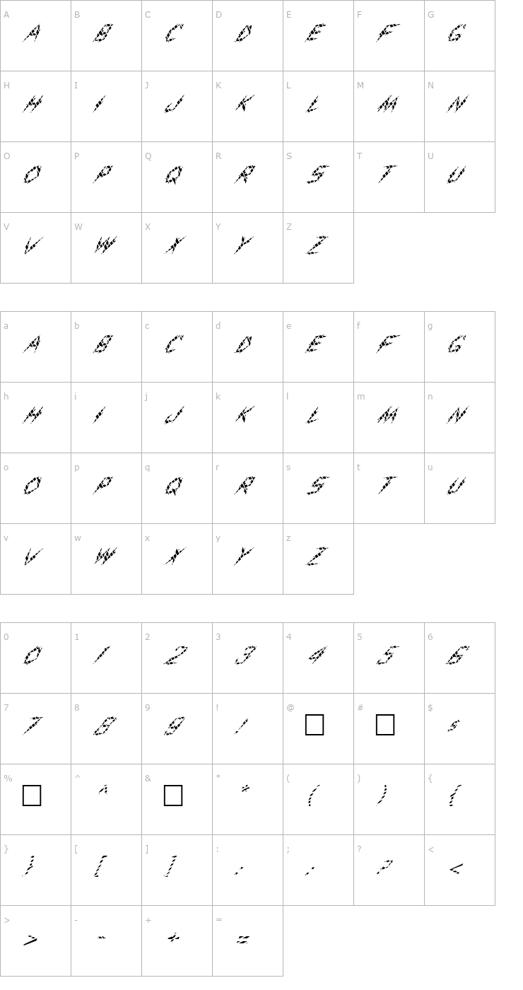 Character Map FZ UNIQUE 19 STRIPED ITALIC Font