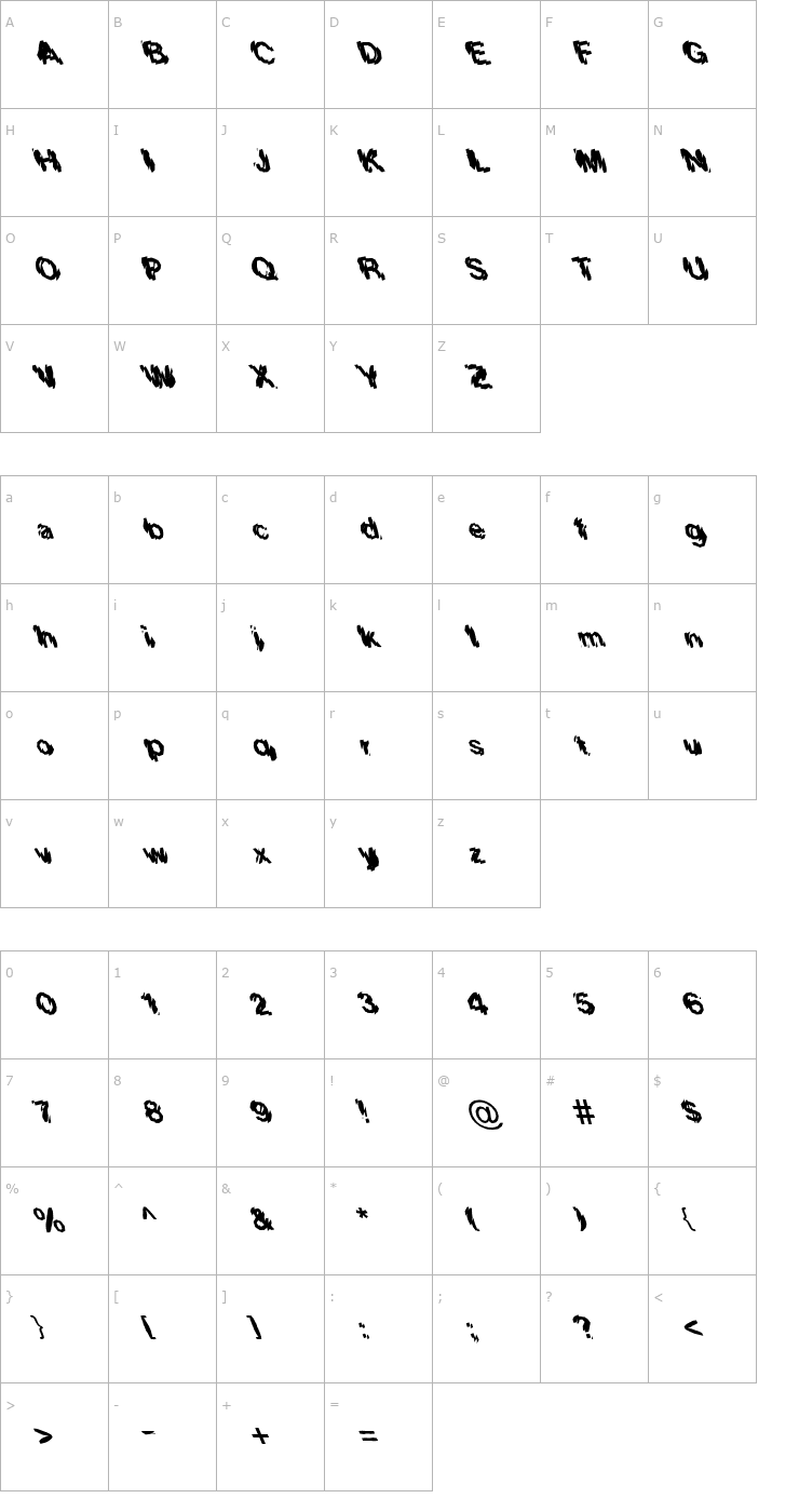 Character Map FZ UNIQUE 20 MANGLED LEFTY Font