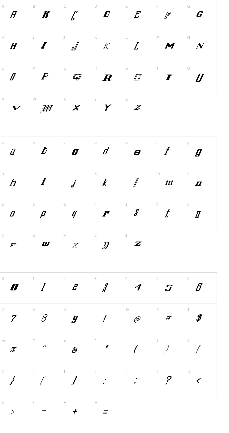Character Map FZ UNIQUE 24 ITALIC Font