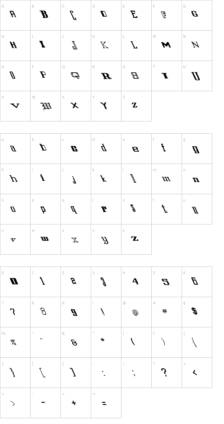 Character Map FZ UNIQUE 24 LEFTY Font