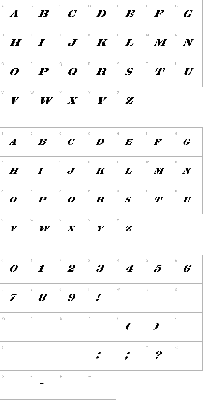 Character Map FZ UNIQUE 25 ITALIC Font