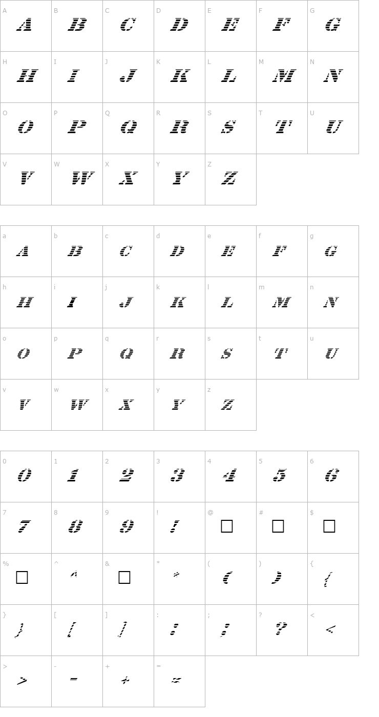 Character Map FZ UNIQUE 25 STRIPED ITALIC Font