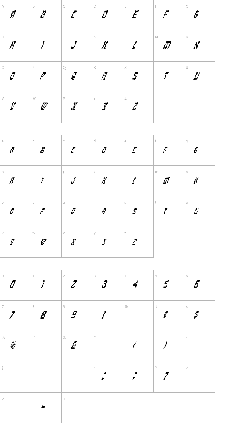 Character Map FZ UNIQUE 27 ITALIC Font