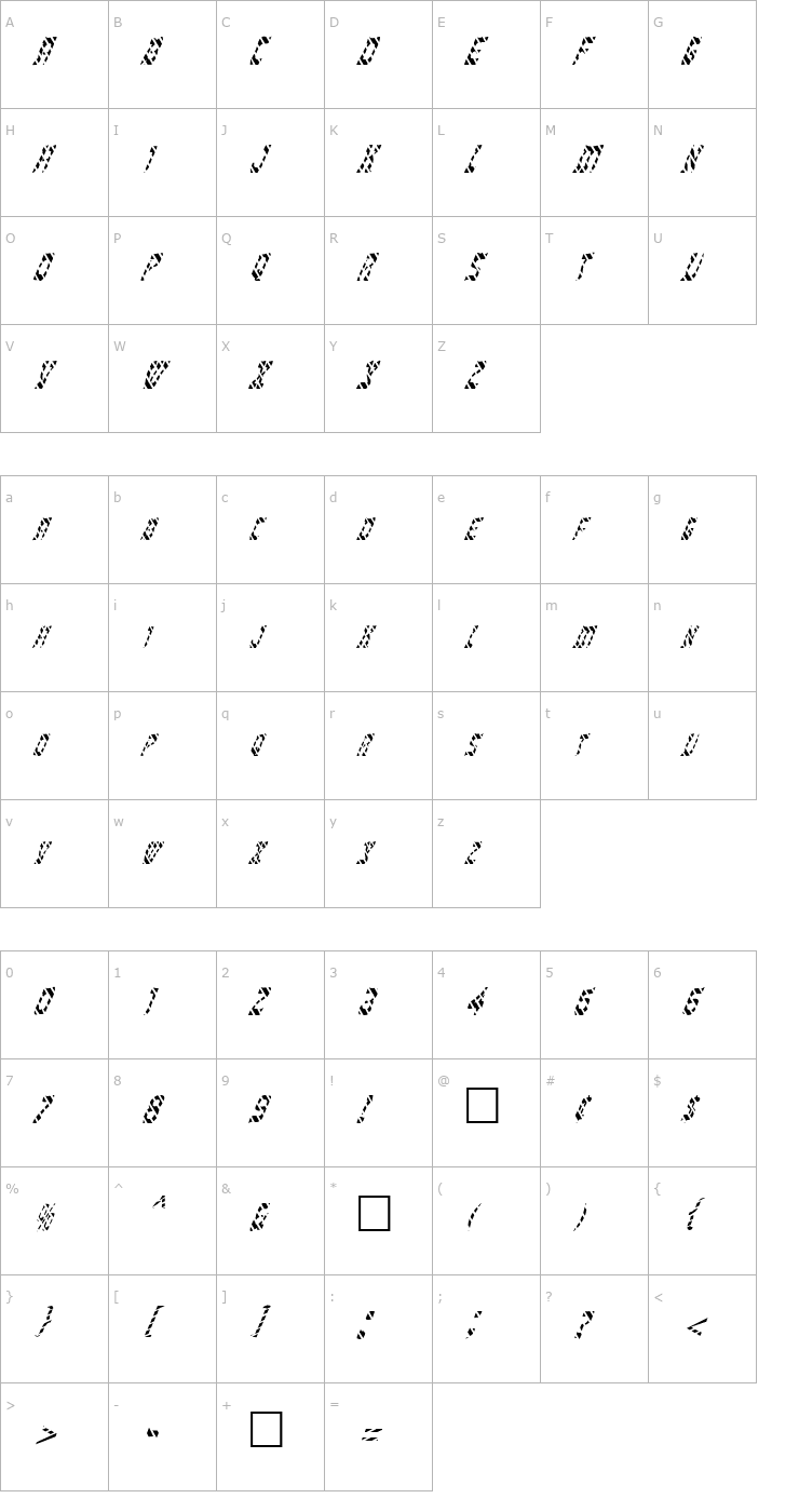 Character Map FZ UNIQUE 27 STRIPED ITALIC Font