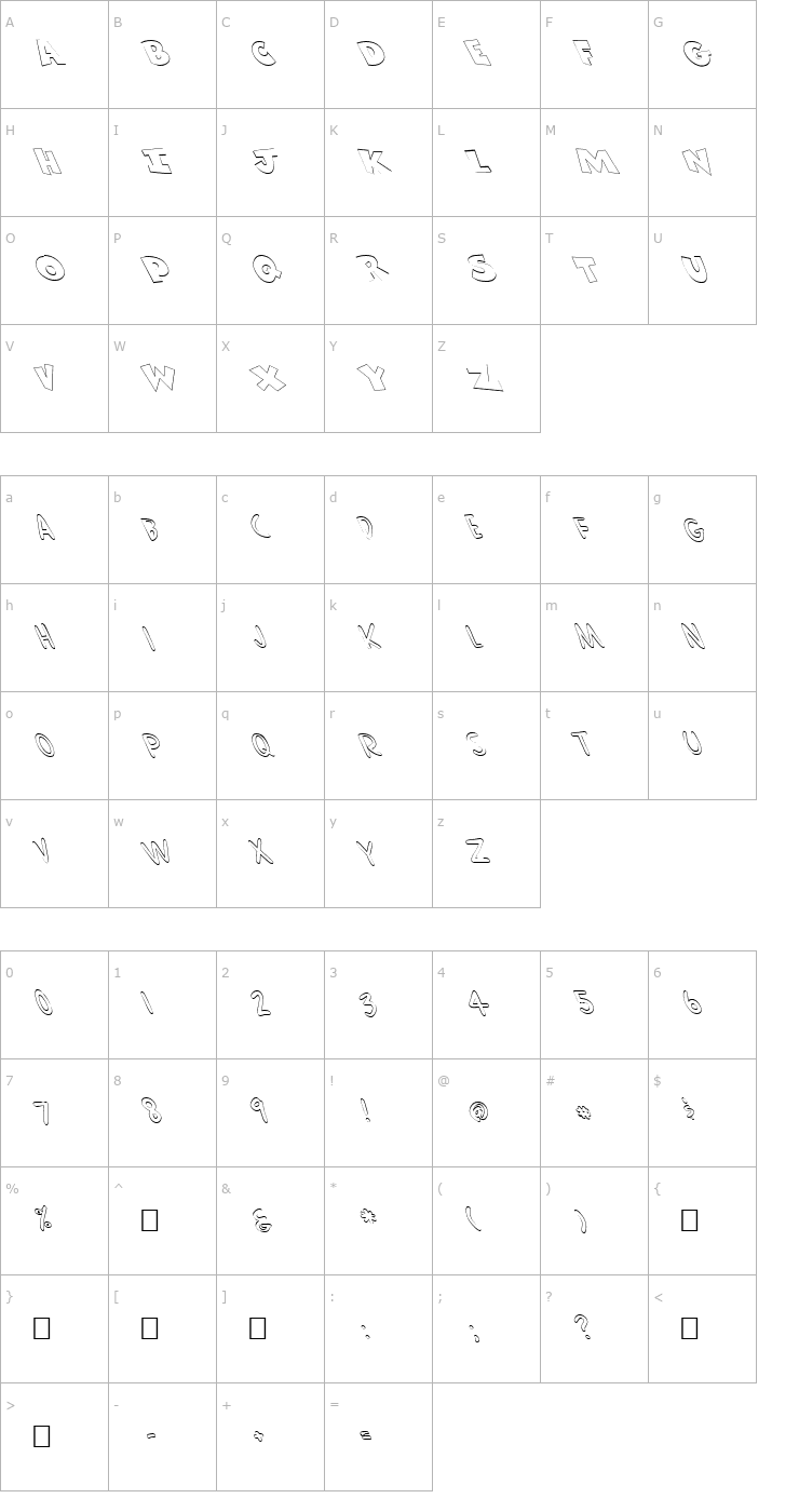 Character Map FZ UNIQUE 30 HOLLOW LEFTY Font