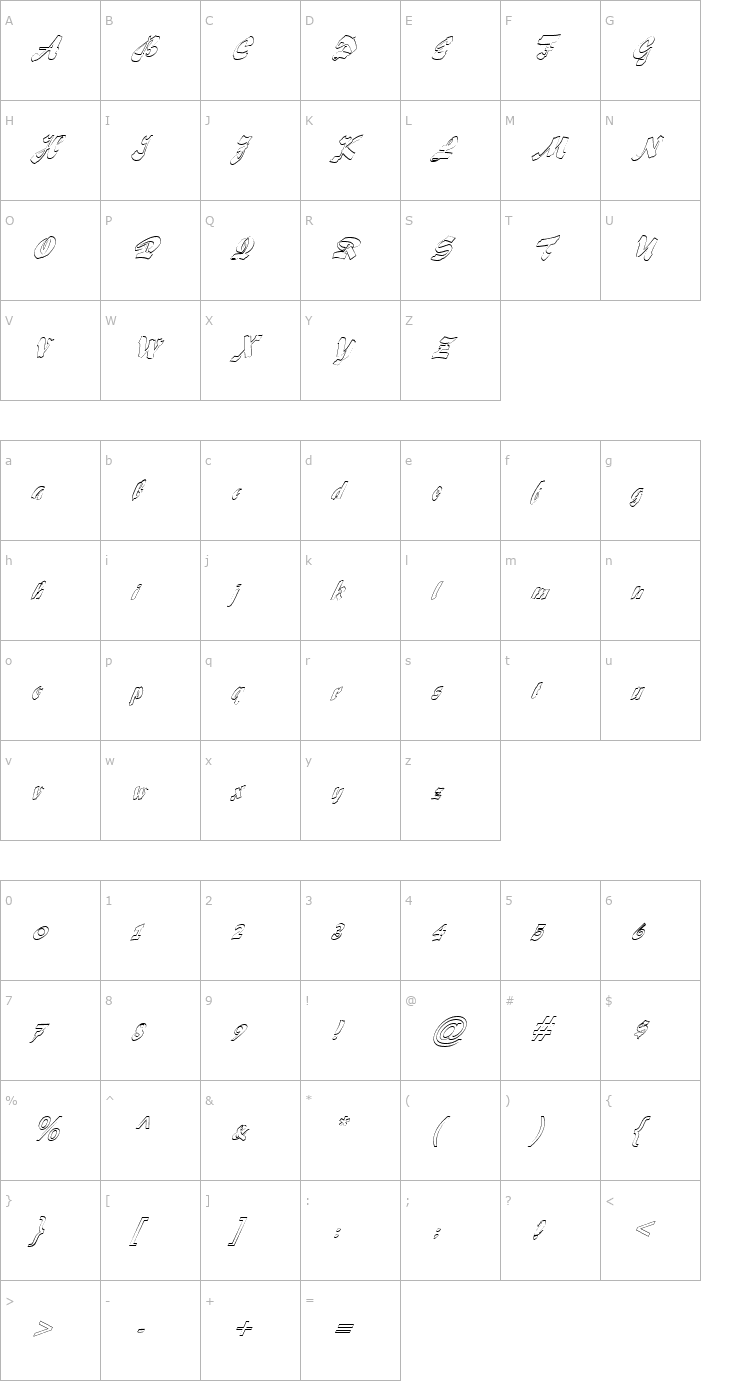 Character Map FZ UNIQUE 33 HOLLOW ITALIC Font