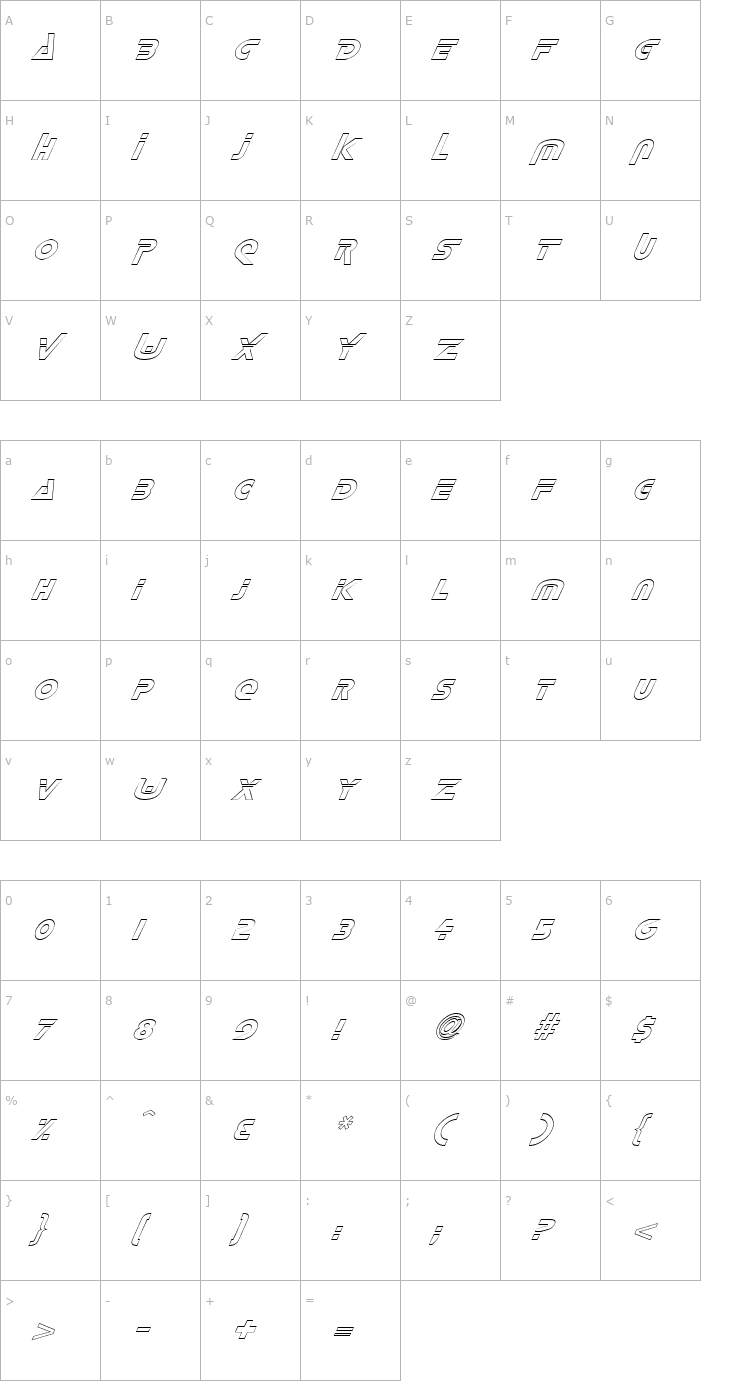 Character Map FZ UNIQUE 35 HOLLOW ITALIC Font