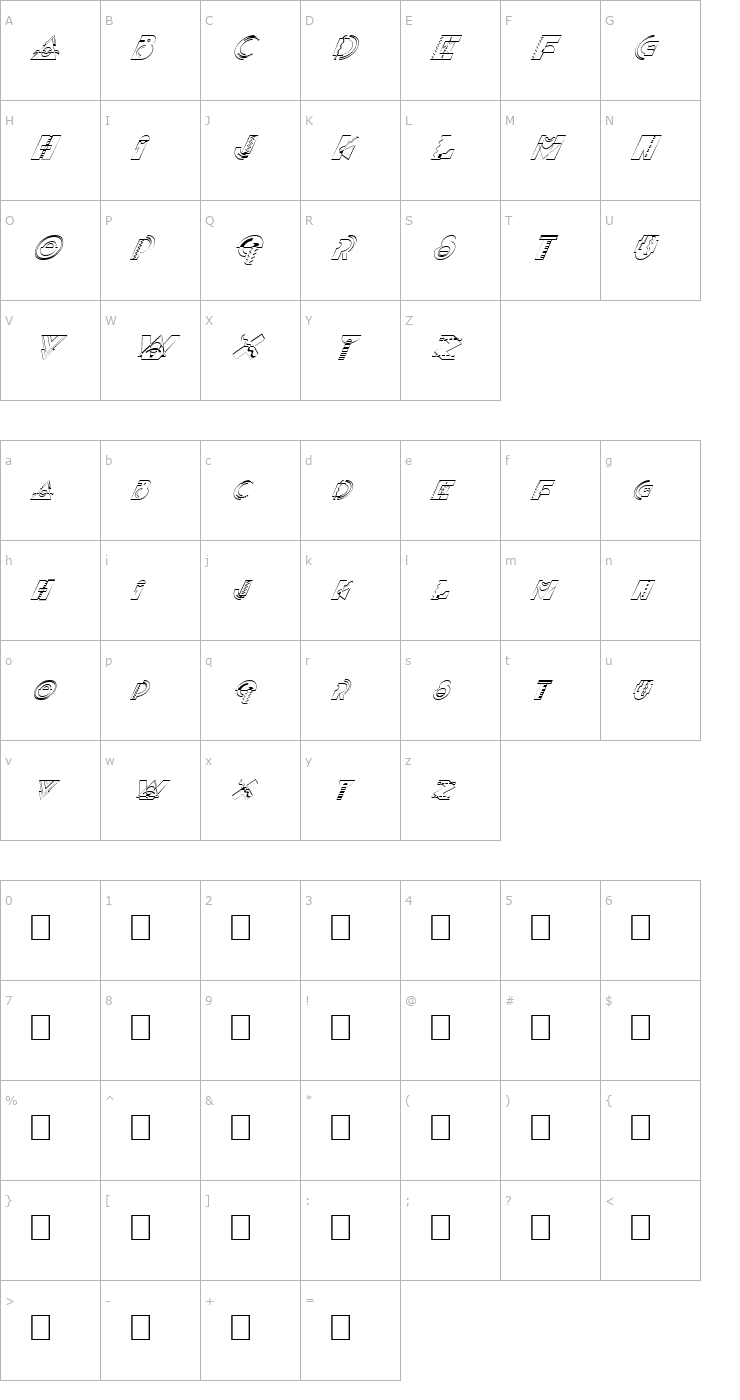 Character Map FZ UNIQUE 36 HOLLOW ITALIC Font