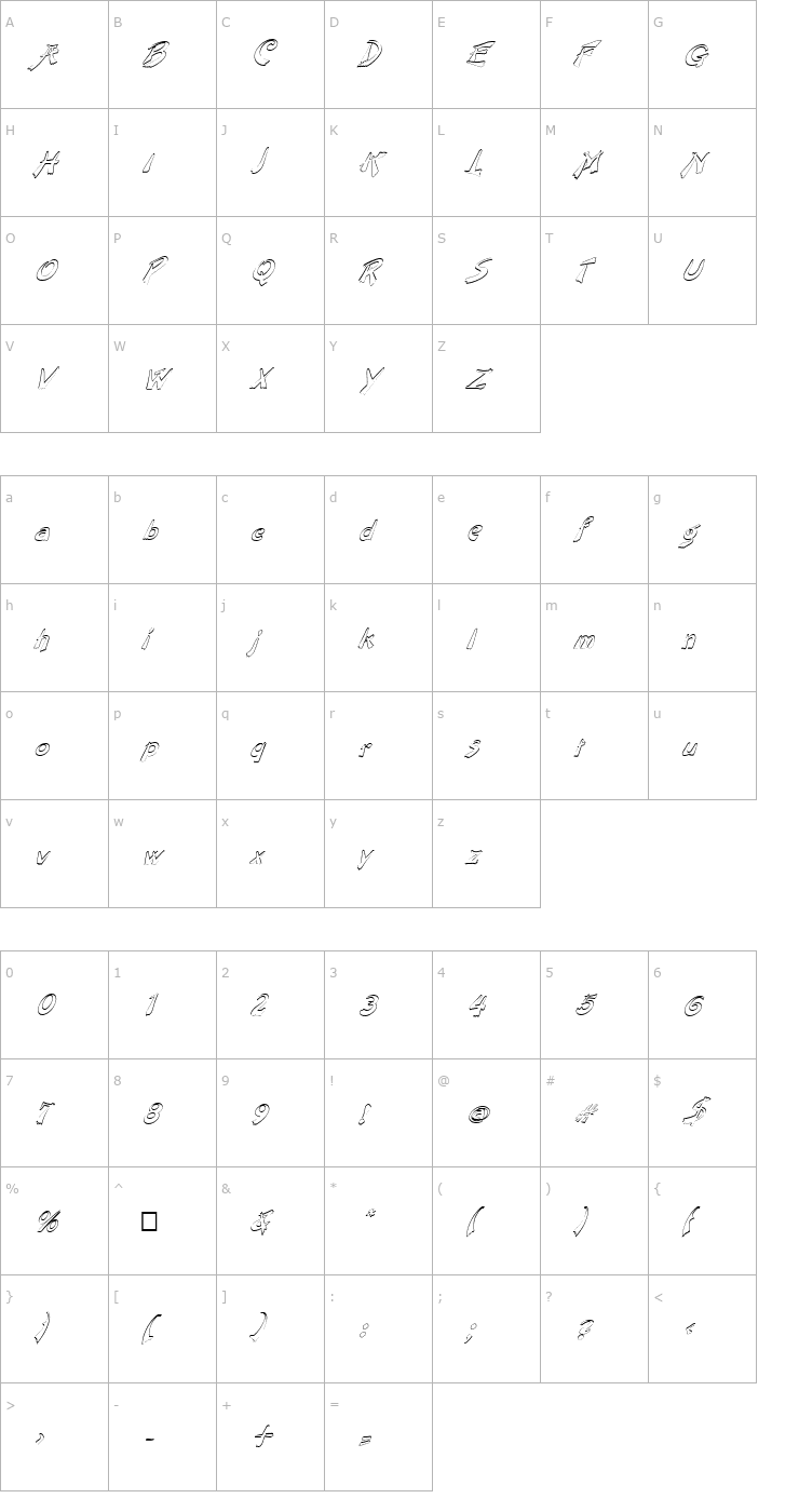 Character Map FZ UNIQUE 38 HOLLOW ITALIC Font