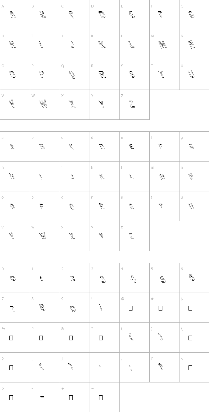 Character Map FZ UNIQUE 4 HOLLOW LEFTY Font